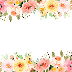 Watercolor flowers background for design. Floral border frame card template.