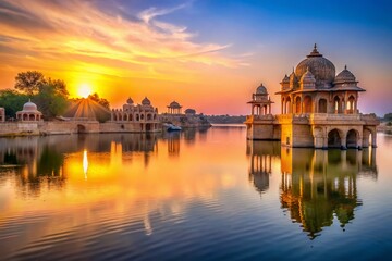 Fototapeta premium Gadi Sagar Lake, Jaisalmer, Rajasthan, India: Stunning Bokeh Sunset