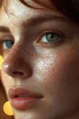 Naklejka premium Close-up portrait of a young woman with striking green eyes and freckles, illuminated by warm light, capturing a moment of serene beauty and elegance in a cozy setting
