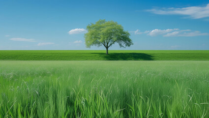 Serene Green Field With a Lone Tree Under a Clear Blue Sky