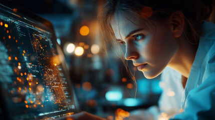 Focused woman analyzing data on computer screen in lab, illuminated by soft lights, showcasing high tech environment and concentration