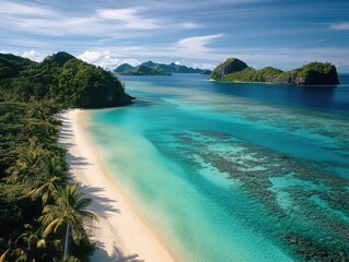 Fototapeta premium Serene tropical beach with clear turquoise waters surrounded by lush greenery and distant hills under a bright blue sky