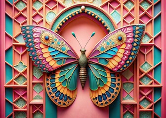 Fototapeta premium Pink Background Architectural Pattern with Butterfly Motifs - Stock Photo