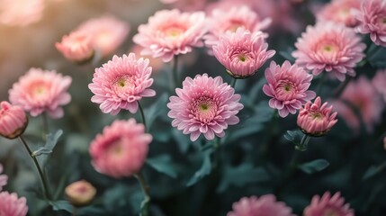 Obraz premium Beautiful pink chrysanthemums bloom abundantly in a vibrant garden during a sunny afternoon in spring