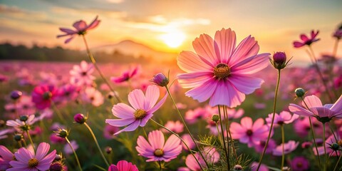 Pink Cosmos Flowers Field - Vibrant Autumn Blooms in Soft Light