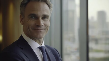 Fototapeta premium Confident businessman smiling warmly, exuding professionalism and success in a corporate setting.