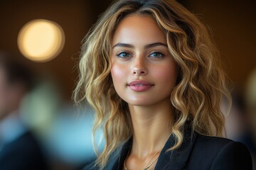 Fototapeta premium Young woman with wavy hair in a black blazer appears confident in a modern indoor setting during daylight hours
