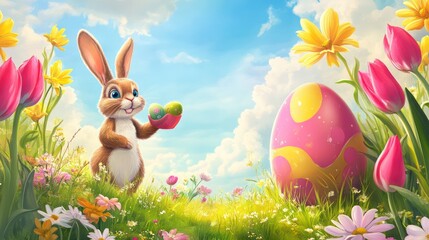 Obraz premium A beautiful meadow scene with an Easter Bunny painting a giant egg, framed by colorful tulips and daisies for banner designs