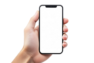Hand holding a smartphone showing a blank white screen, isolated on a clean white background. Concept of mockup, technology, and presentation. Ai generative