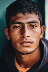 Obraz premium Young man with intense gaze in urban setting reflecting deep emotions and life experiences on a warm afternoon