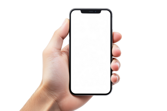 Hand holding a smartphone showing a blank white screen, isolated on a clean white background. Concept of mockup, technology, and presentation. Ai generative