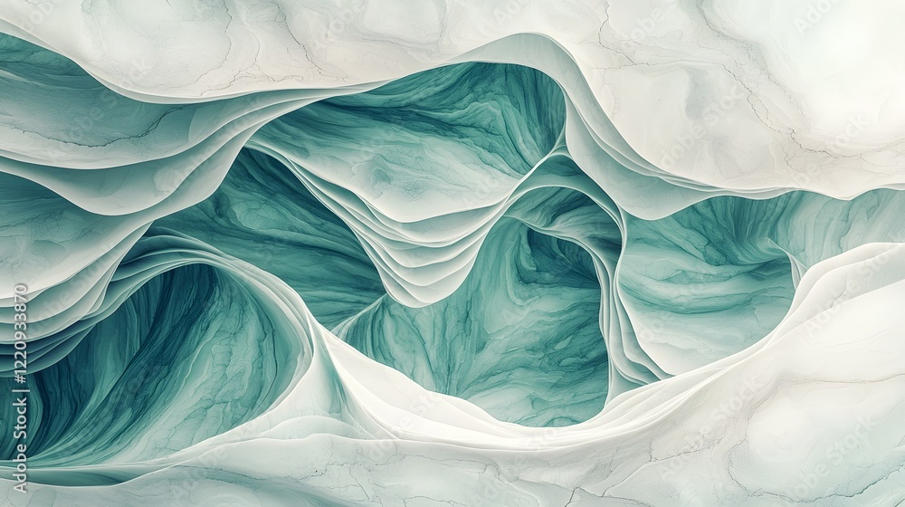 Poster Stunning abstract background featuring a mesmerizing mint green marble fluid texture with natural wave like patterns and soft glossy reflections for an elegant and contemporary design touch