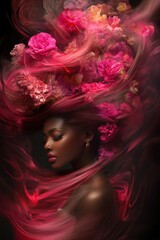 Fototapeta premium Woman with vibrant pink flowers in swirling hair set against a dark background during an artistic portrait session