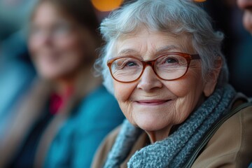 Smiling elderly woman enjoying a gathering with friends in a warm and inviting environment during an evening outing