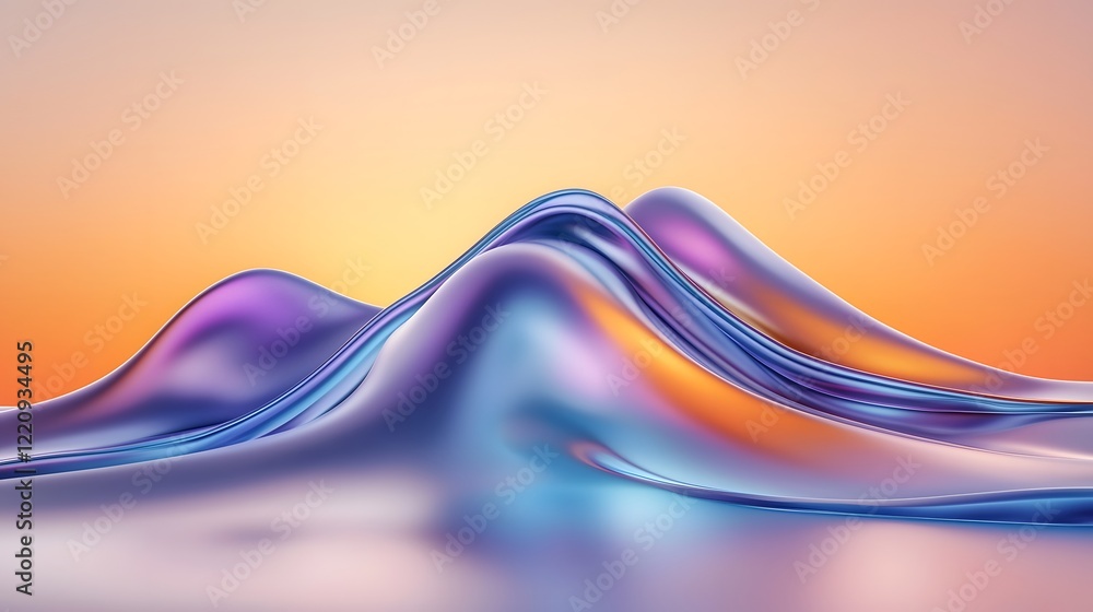 Poster interpretation of a sunset landscape with radiant colors and soft fluid shapes capturing the beauty 