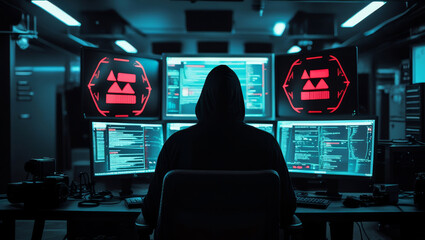 Hacker Monitoring Multiple Screens Filled With Code in a Dark Cyber Office