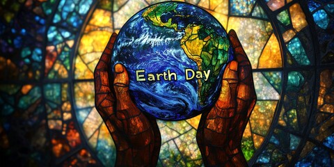 Obraz premium Stained glass-style artwork showing hands holding the Earth with 