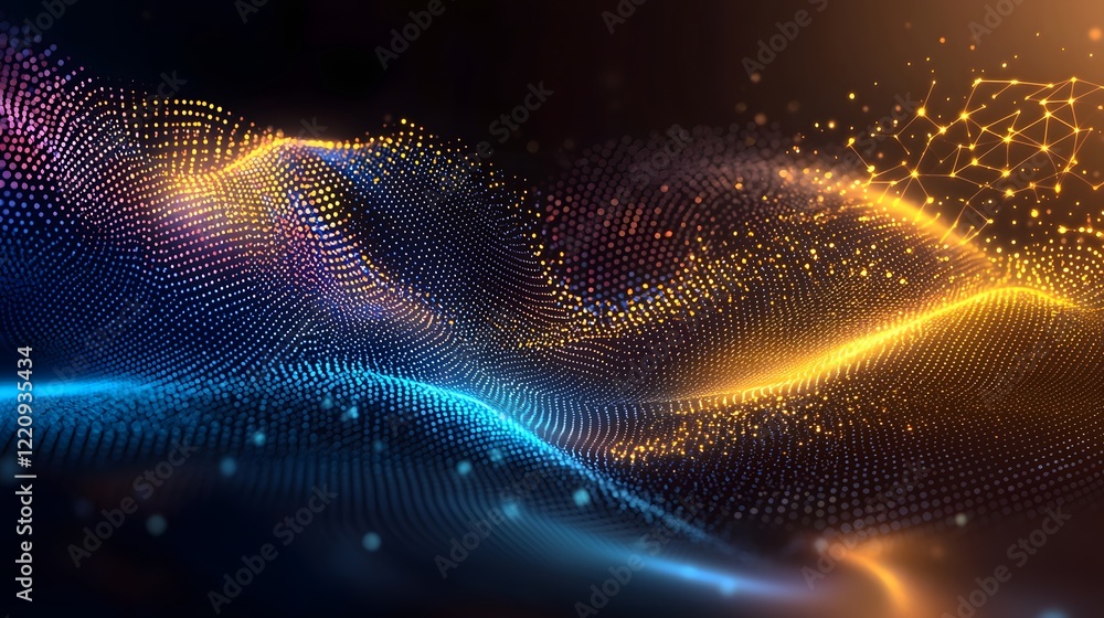 Aufkleber Futuristic digital abstract 3D background with glowing geometric shapes lines and particles representing technological processes network connectivity and data storage  Ample copy space for text