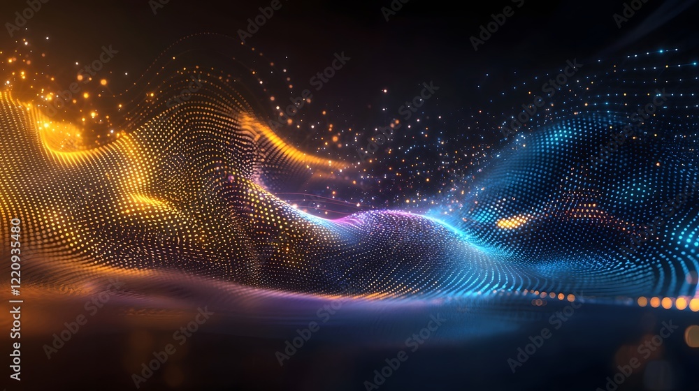 Poster Futuristic Digital Abstract 3D Background with Glowing Geometric Shapes Fluid Motions and Technological Connectivity Elements Representing Network Data Storage and Computational Processes