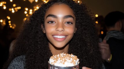 Naklejka premium Young girl enjoying a dessert at a festive gathering with warm lights in the background during an evening celebration