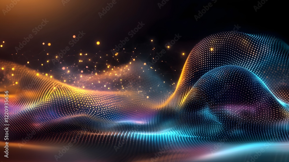 Poster Captivating 3D digital background featuring a mesmerizing landscape of interconnected waves particles and fluid structures designed to represent the boundless potential of intelligence