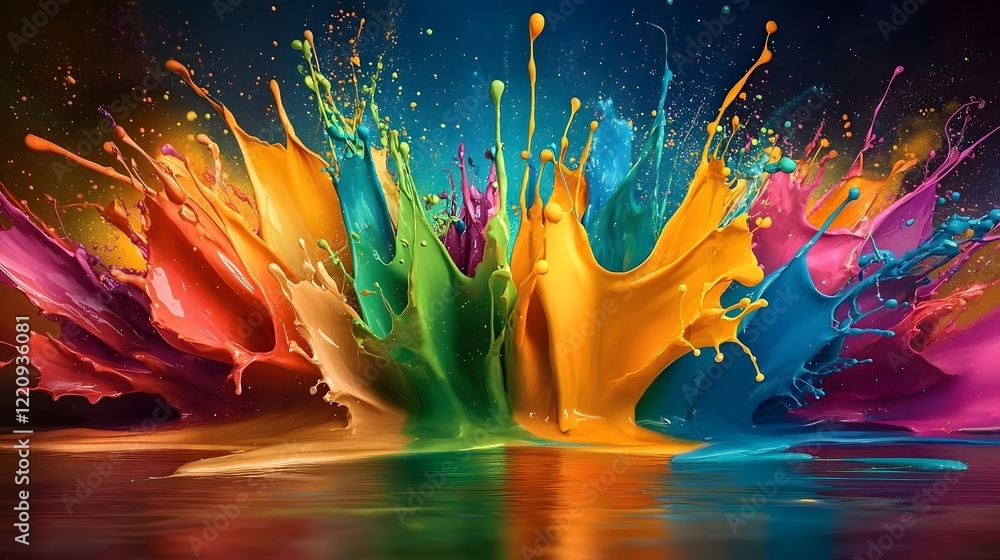 Aufkleber Captivating explosion of vivid paint splashes in a wide range of colors forming a contemporary abstract background  This digital showcases a striking visual of liquid motion energy