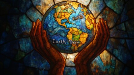 Obraz premium Stained glass-style artwork showing hands holding the Earth with 