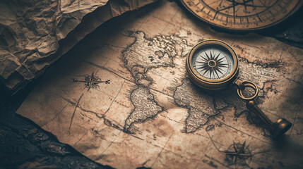 Exploring the world through vintage maps and compass tools in a rustic setting
