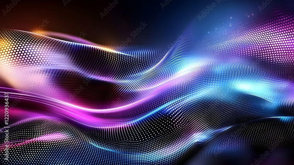 Poster Captivating and dynamic abstract image featuring fluid waves of vibrant glowing light in shades of purple blue and pink