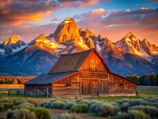 Naklejka premium Grand Teton National Park Sunrise: Molton Barn Alpenglow Portrait