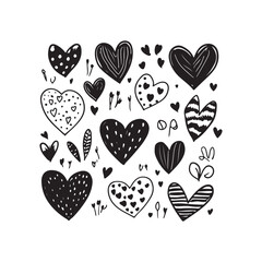 black silhouette Vector hand-drawn childlike doodle heart icon set. Black stroke on white background.