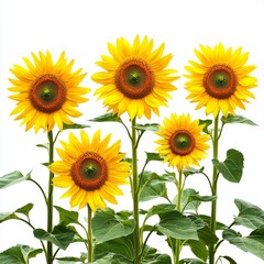 Fototapeta premium Vibrant Sunflower Blooms Against a White Background with Green Leaves and Sturdy Stems