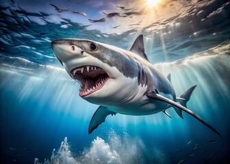 Fototapeta premium Great White Shark Underwater Long Exposure, Open Mouth, Isolated Background