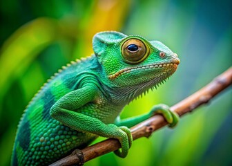 Fototapeta premium Green Chameleon Hanging on Tree Branch - Minimalist Nature HD Wallpaper