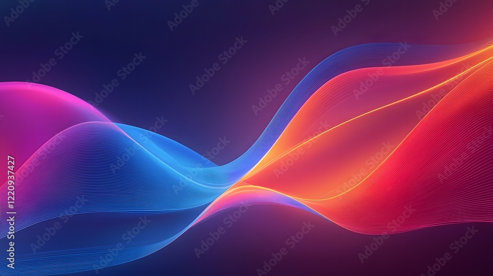Poster Mesmerizing abstract 3D wallpaper featuring a captivating display of flowing colorful neon light lines that create a dynamic visual rhythm and a soft glowing effect against a dark canvas