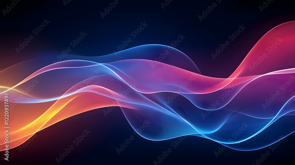 Poster Mesmerizing neon light waves in flowing 3D digital abstract artwork featuring colorful luminescent lines creating a visually captivating rhythm and energy on a dark canvas