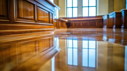 Elegant wooden flooring in courtroom architectural interior reflections calm environment low angle view justice concept