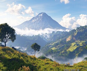 A beautiful view of the mountain in Oatroom, on which you can see an Indonesian volcano covered...