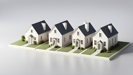 Four identical miniature houses on a neutral background, ideal for real estate, architecture, or homeownership concepts.