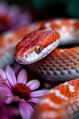 Obraz premium Corn Snake in a Garden: A vibrant orange and red corn snake coiled gracefully in a garden. Reptile. Wildlife. Snakes.