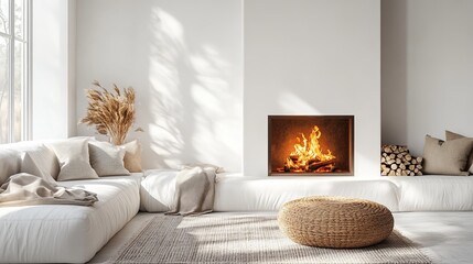 Cozy and Inviting Living Room Featuring a Bright White Sofa Set Against a Beautifully Designed Fireplace Creating a Warm Ambiance Perfect for Relaxation and Social Gatherings with Friends