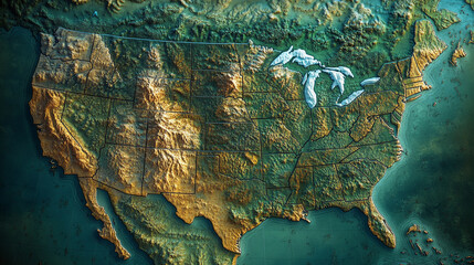 Detailed relief map of the United States showcasing terrain and geographical features