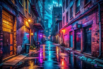 Fototapeta premium Grunge Night Cityscape: Urban Decay and Moody Lighting Stock Photo