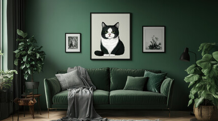 Tuxedo Cat Wall Art: A stylish black and white tuxedo cat portrait print adds a touch of elegance to a dark green living room, displayed above a plush velvet sofa.