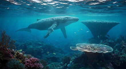 Magnificent whale in a vibrant underwater ocean scene.  Colorful coral reef teeming with marine life.  Deep sea blue.