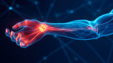 A futuristic 3D render of a human arm with tennis elbow: red-highlighted inflammation, translucent muscles and tendons, set against a dark blue background with dynamic lighting. Ideal for medicine a