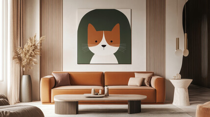 Mid-Century Modern Cat Art: A stylish living room features a minimalist cat portrait in earthy tones, hanging above a burnt orange sofa.