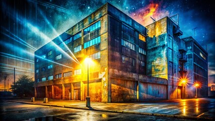 Obraz premium Grungy Concrete Building Illuminated by Spotlight - Double Exposure Stock Photo