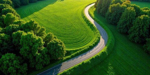Serene Aerial View of a Winding Road Through Lush Green Fields and Forested Areas