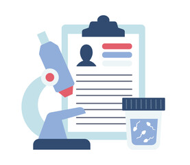 Sperm test analysis. Microscope, medical sample and tablet in flat style.